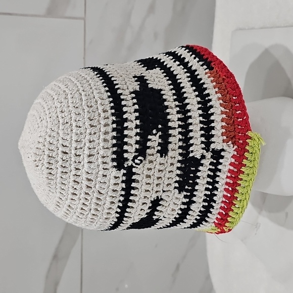 Free People Pixie Crochet Knit Bucket Hat Cream Black Orange Pink Green - Picture 5 of 9